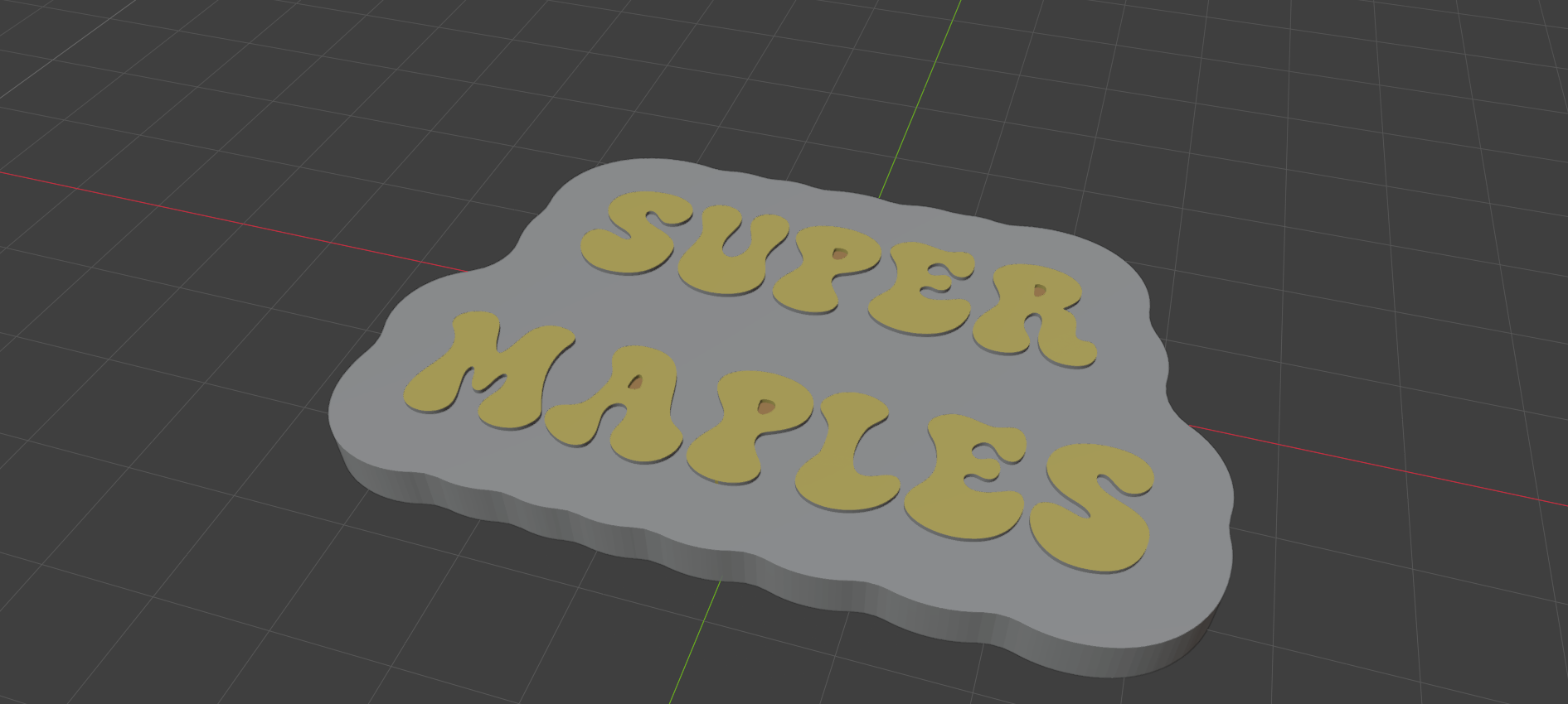 A bead reading 'SUPER MAPLES', with raised gold lettering on a grey backing