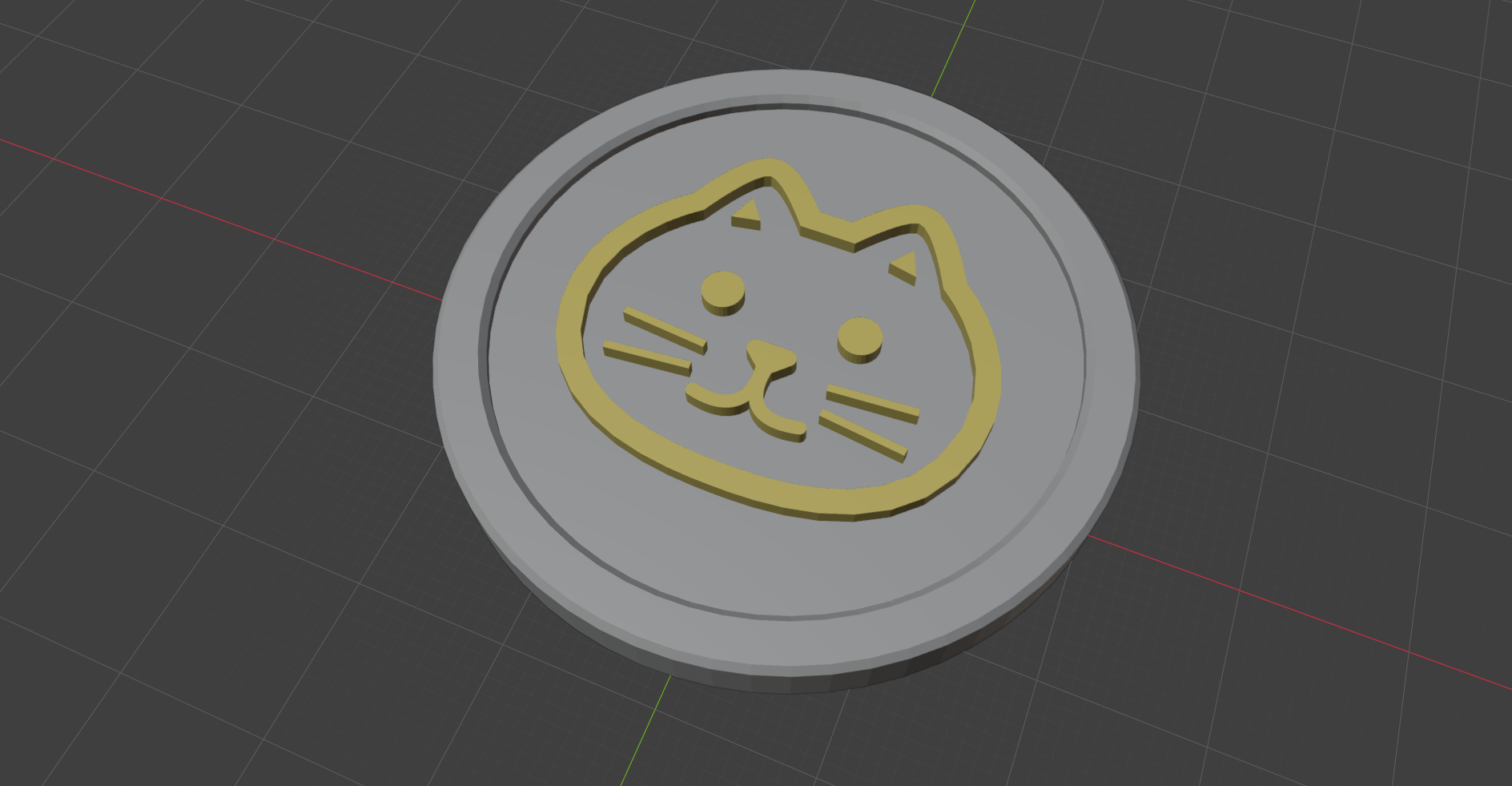 A coin's front face with a cat-face design in raised gold