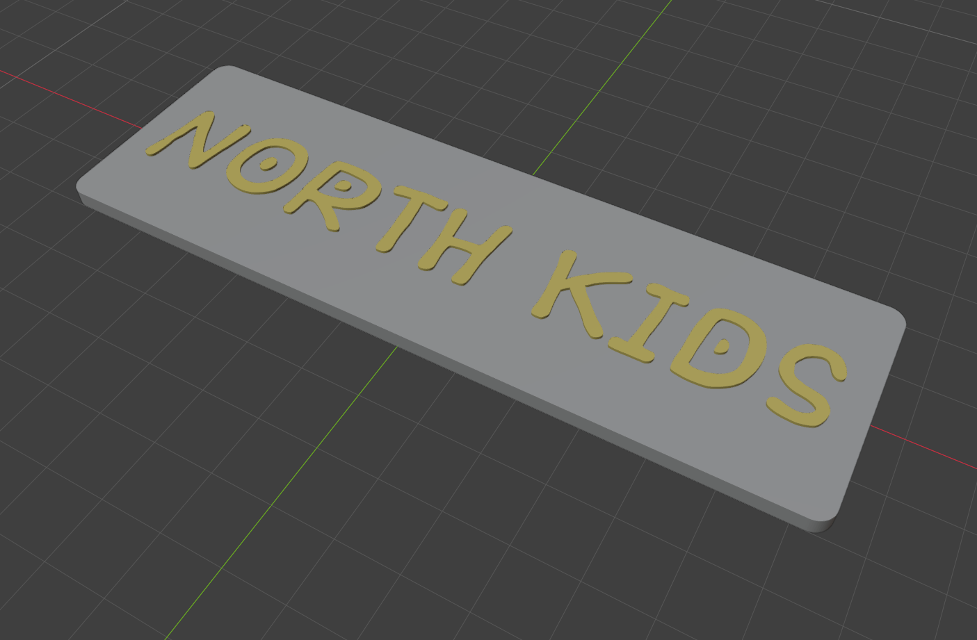 A flat nameplate reading 'NORTH KIDS' in raised gold lettering