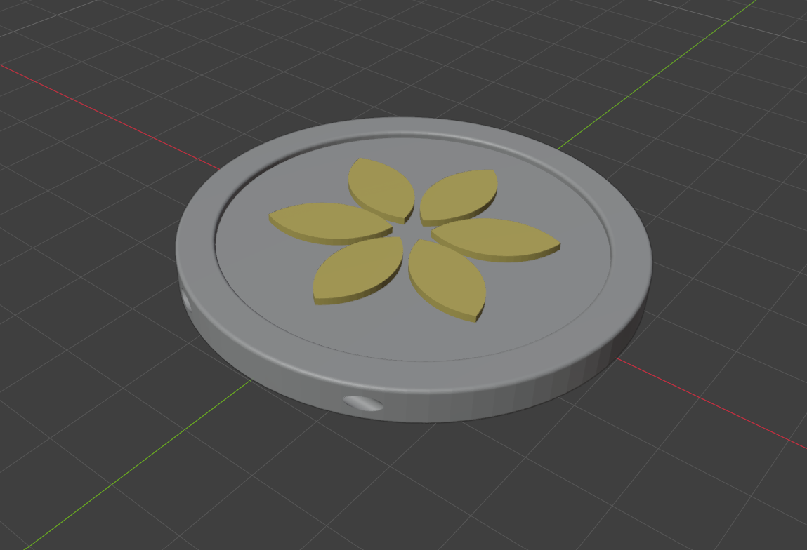 A circular pendant with a six-petal flower design in raised gold